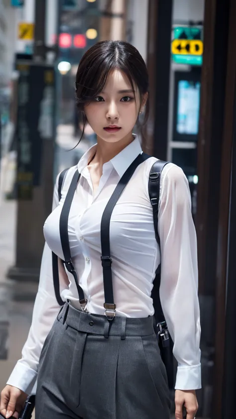 a woman in a suit, belt, hands behind back, sweating, suspenders, black pants, large breasts, see-through clothing, rain, detect...