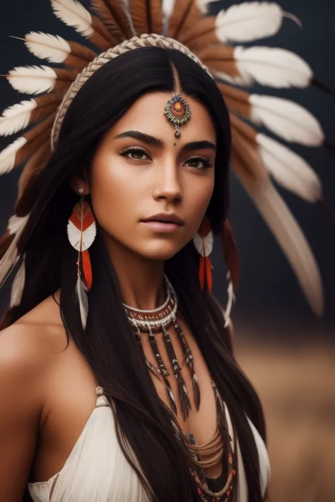 close-up photo, mdjrny-v4 style portrait photograph of madison beer as pocahontas, young beautiful native american woman, toples...