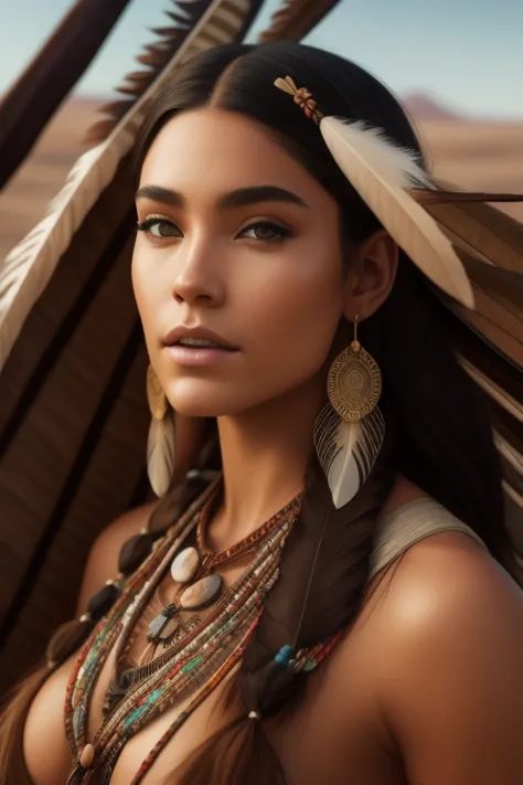 close-up photo, mdjrny-v4 style portrait photograph of madison beer as pocahontas, young beautiful native american woman, toples...