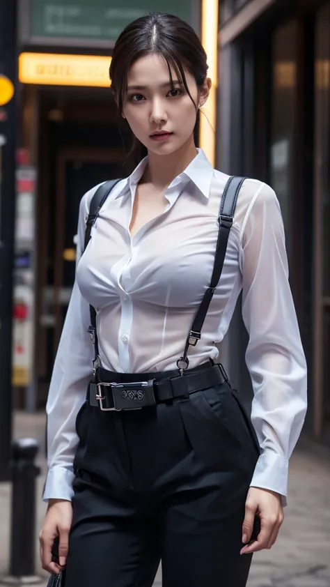 a woman in a suit, belt, hands behind back, sweating, suspenders, black pants, large breasts, see-through clothing, rain, detect...