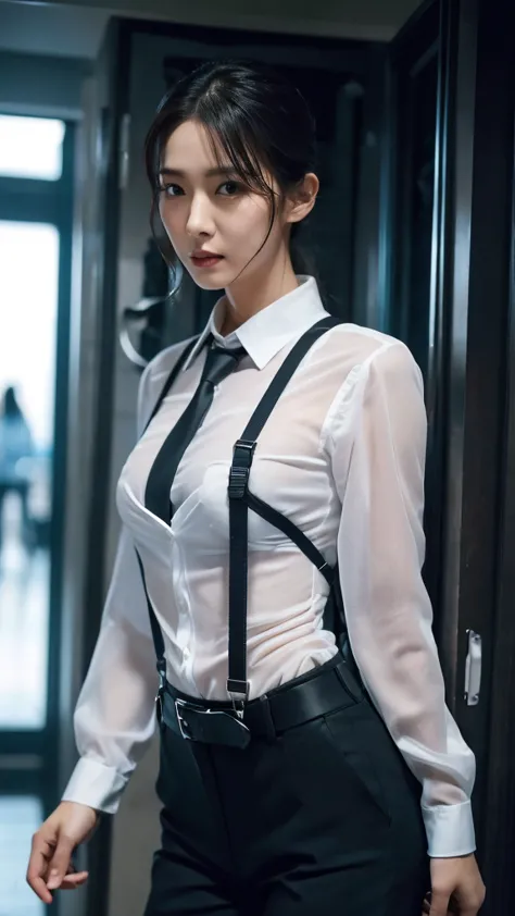 a woman in a suit, belt, hands behind back, sweating, suspenders, black pants, large breasts, see-through clothing, rain, detect...