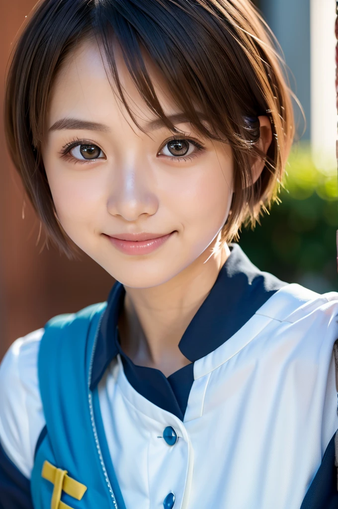 Beautiful woman, 20 years old, Laugh brightly, Very beautiful skin, Extremely beautiful, (Super Short Hair:1.75), Bangs between the eyes, Incredibly beautiful eyes, Very large eyes, Balanced Eyes,Droopy eyes, (Hinatazaka46 uniform:1.75), (Best Quality,4K,8k,High resolution,Masterpiece:1.2),Super detailed(Realistic,photoRealistic,photo-Realistic:1.37),Studio Lighting,Vibrant colors,Bokeh