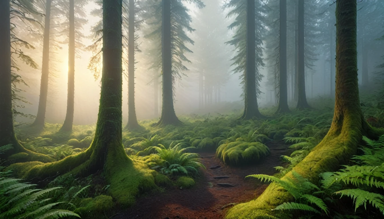 (Best Quality, masterpiece:1.2), Very detailed, (Realistic, photo-Realistic:1.37), Misty forest at dawn, Tall trees stretching towards the sky々, First light rising over the distant hills, Moss and ferns covering the forest floor, Mist drifting among the tree trunks, Natural materials, soft, Subtle colors, Gentle sunlight filtering through the forest canopy, Peaceful atmosphere, photoRealistic, 4K, 8k, High resolution