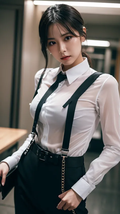 a woman in a suit, belt, hands behind back, sweating, suspenders, black pants, large breasts, see-through clothing, rain, detect...