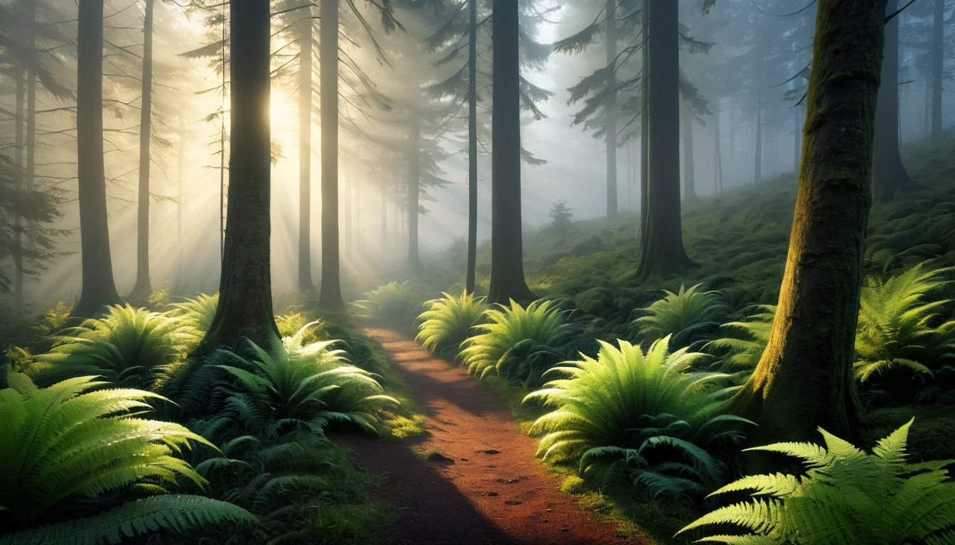 (Best Quality, masterpiece:1.2), Very detailed, Realistic(Realistic, photo-Realistic:1.37), Misty forest at dawn, Tall trees stretching towards the sky々, First light rising over the distant hills, Sunlight pours in,Ferns covering the forest floor, Mist drifting among the tree trunks, Natural materials, soft, Subtle colors, Gentle sunlight filtering through the forest canopy, Peaceful atmosphere, photoRealistic, 4K, 8k, High resolution