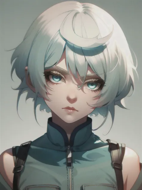 girl with short white hair and blue-green eyes looks like a boy