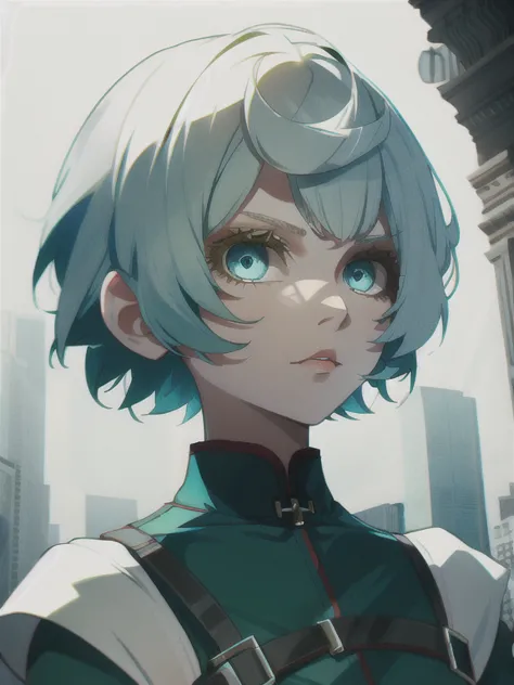 girl with short white hair and blue-green eyes looks like a boy