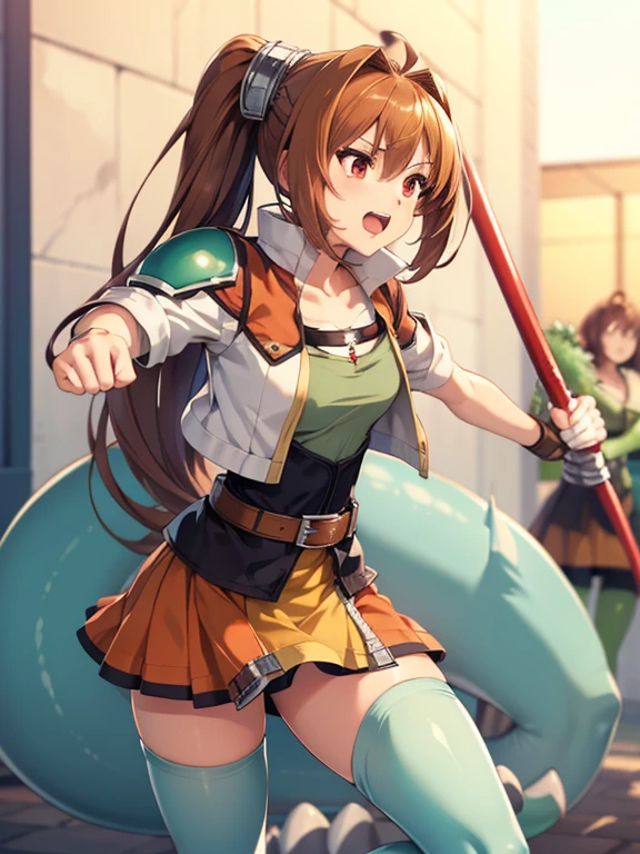 (masutepiece, Best Quality, hight resolution, nffsw, Perfect Pixel, depth of fields, 4K), Beautiful anime girl, Perfect body ,,,scEstelle, cropped jacket, green shoulder pad, tan shirt, orange skirt, belt, white thighhighs, , open mouth, (fighting monster:1.5), hold a rod, 1girl and 1monster,
