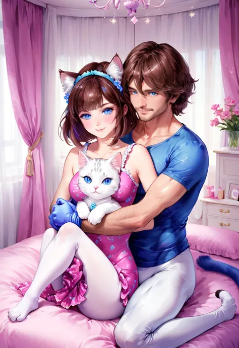 (fflixbom, white and pink cat facepaint) (1 man, 1 woman) (bob cut, brown hair, blue eyes) (hetero, couple) (crossdressing, full...