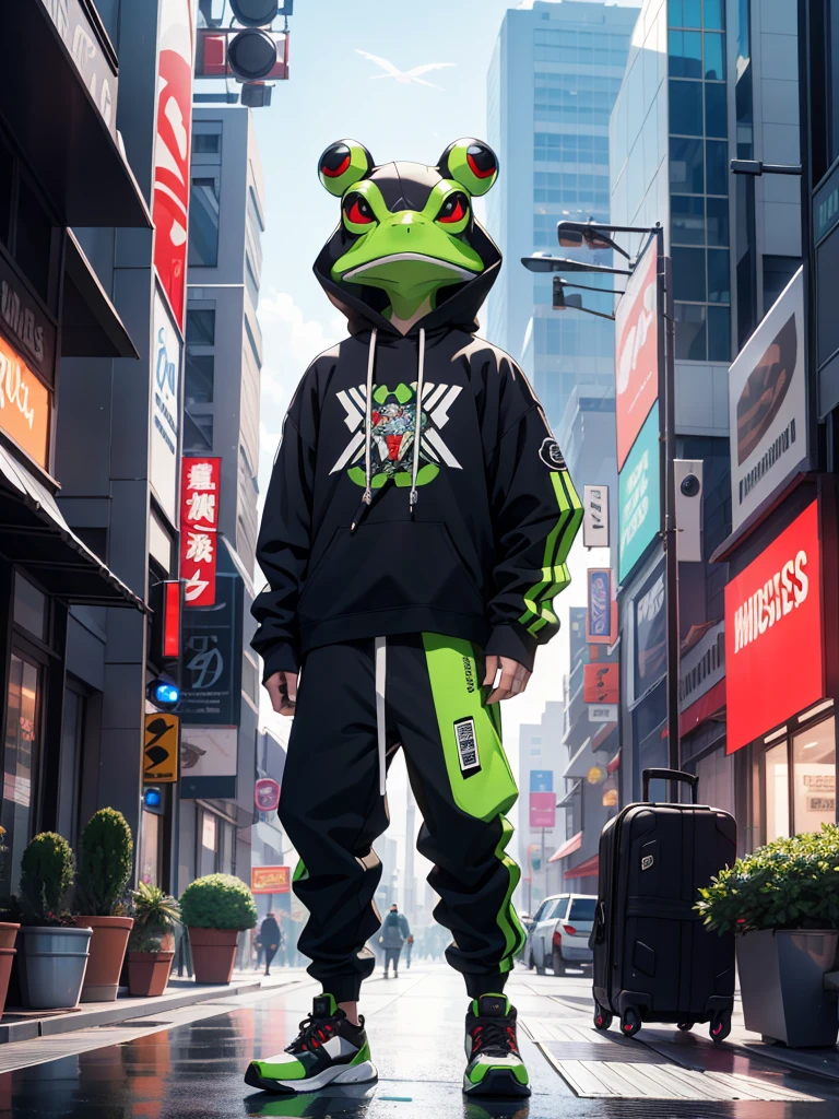 anthropomorphized frog, humanoid frog, frog man, 1 frog, loose printed t-shirt, loose straight pants, streetwear sneakers, 90s vaporwave style, 90s future vibe, 90s futuristic, vibrant colors, dynamic pose, full body, futuristic anime style, midjourney style, midjourney style anime, midjourney composition, best quality, 8k, highres, masterpiece, ultra-detailed, realistic, photo-realistic, studio lighting, ultra-fine painting, sharp focus, physically-based rendering, extreme detail description, professional, vivid colors, bokeh