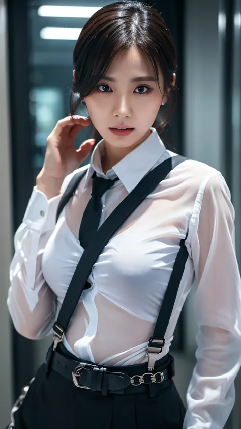 a woman in a suit, belt, hands behind back, sweating, suspenders, black pants, large breasts, see-through clothing, rain, detect...