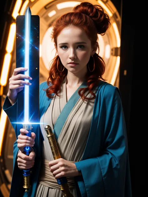 (((female jedi holds a bright blue laser sword in her hand, ready for battle, and waits for her opponent))), (((very futuristisc...