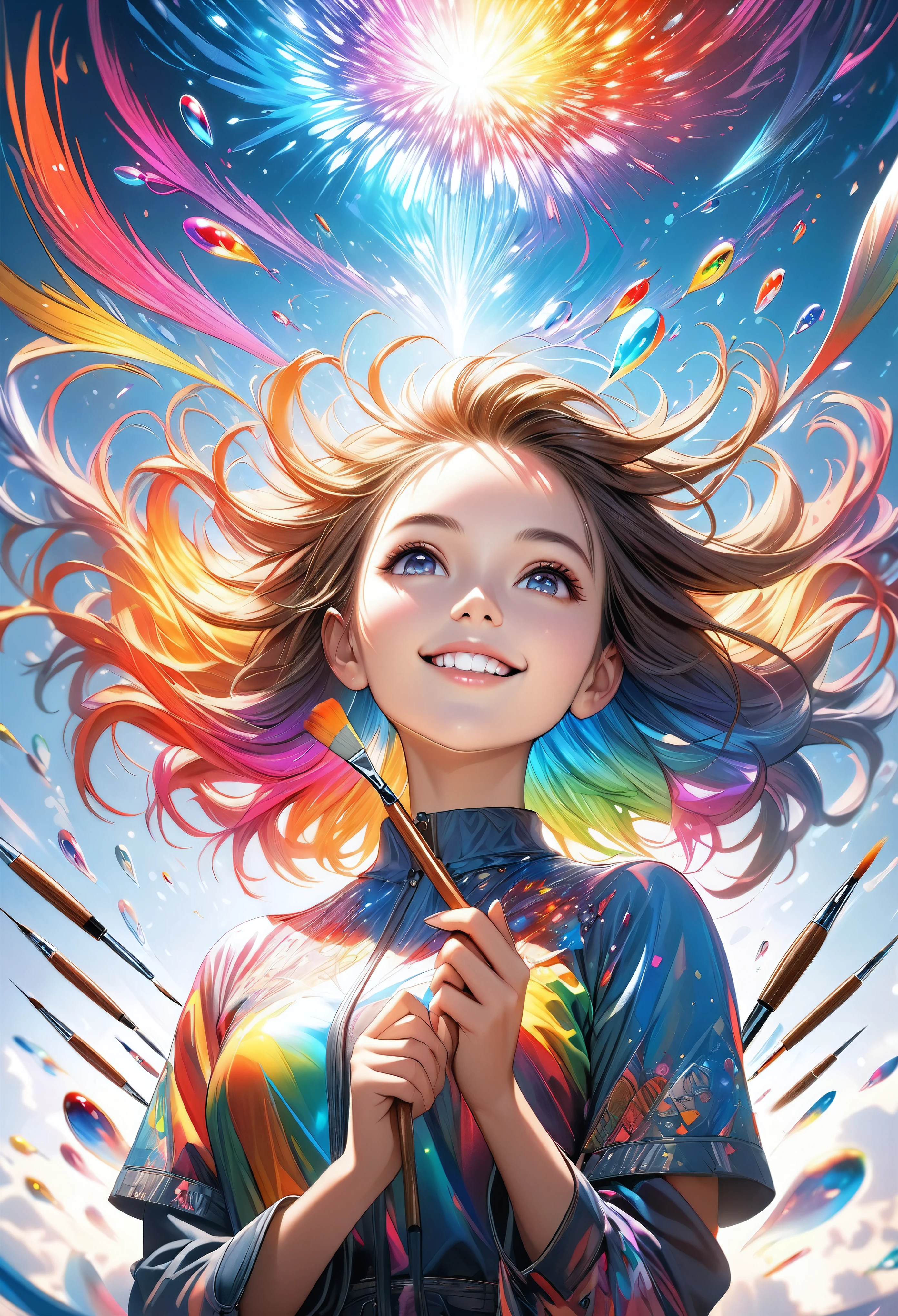 a highly detailed digital illustration of a young woman holding a paintbrush, smiling and looking up at the text "Thanks over the 1000 followers" floating above her, intricate details, photorealistic, cinematic lighting, vibrant colors, masterpiece, 8k, hyperrealistic, sharp focus, professional digital art, concept art