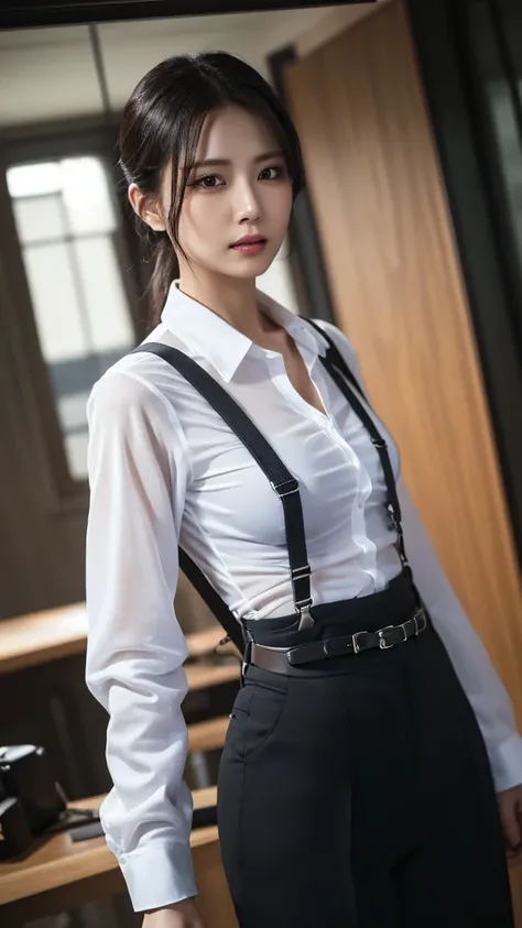 a woman in a suit, belt, hands behind back, sweating, suspenders, black pants, large breasts, see-through clothing, rain, detect...