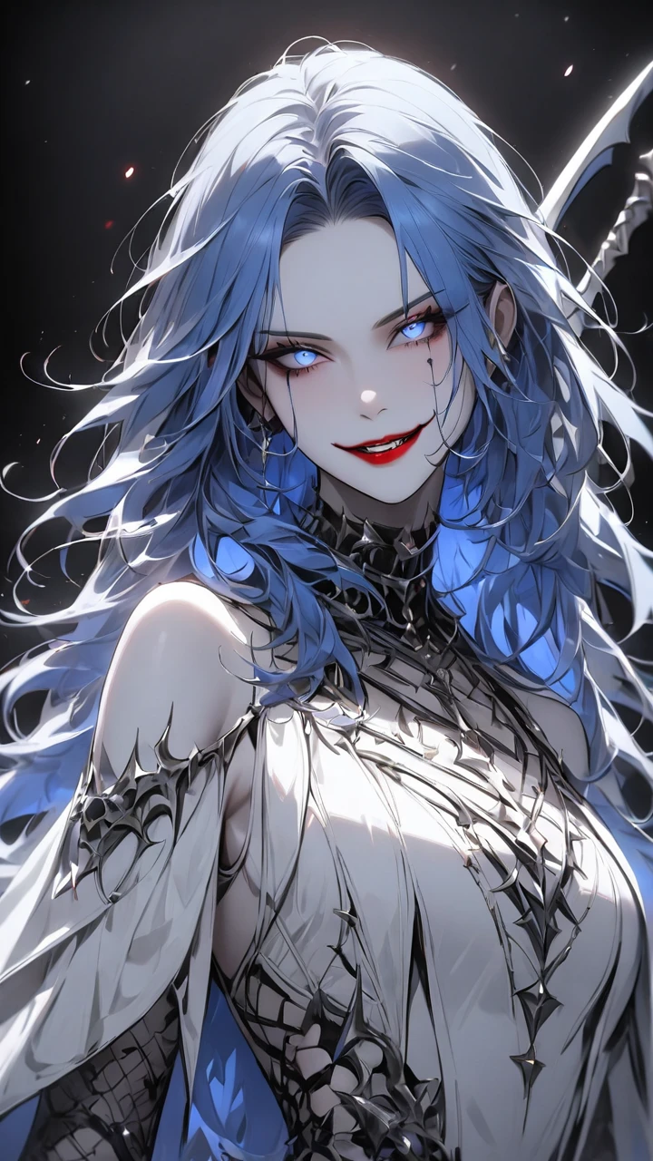 highest quality、masterpiece、1 girl、black background、blue hair:1.5、blue eyes、red lips, white clothes、Black and white world、Black and white world、pale skin、side blade, evil smile 