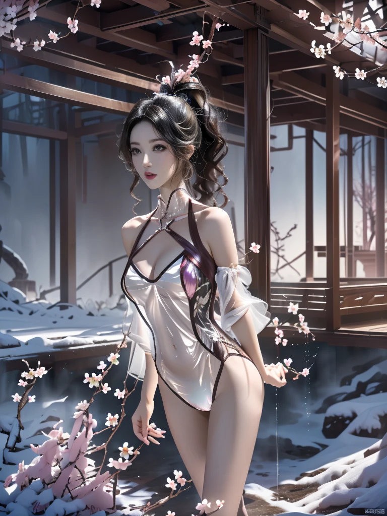 一个有着美丽脸庞的Sexy中国华裔女孩, Wear a transparent men&#39;s shirt, 内搭Sexy蕾丝内衣,
(((night, Cherry blossoms in spring, Indoor hot spring, snow, Cherry blossoms all over the ground))), 
((8K Ultra HD, 8K, Ultra-high resolution, Best quality, Super Fine, Clear focus. Masterpieces, complete pattern, Ultra HD, Detailed photos, Best image quality，Ultra-clear，Delicate facial features，Well-defined, Highly rated works, Close-up depth of field photography, Above the knee)), 
((Creating the image of a real girl), Realistic shadows, Soft lighting, Dynamic Angle, Dynamic poses, Elegant Posture, Cowboy lens, Full body front view, Be confident, Facing the camera, Eyes looking towards camera lens, Standing posture, Open your legs slightly, Golden Ratio Graphics, Minimalism, Center the character), 
( Smile, Sexy的, Balanced Eyes, Realistic eyes, Beautiful details of the eyes,Pretty Face, (Realistic face), Normal facial features, Realistic skin, Pay attention to skin details, Skin is clean and radiant, Whitening, Anatomically correct body, Golden ratio figure, Sexy的身材), 
(Perfect makeup, Gloves, earrings, bracelet, necklace, Jewelry, Hair accessories, shawl, sock, Knee socks, 吊garter, Leg ring, garter, 腿部garter), 
((beautiful hair), Dark black hair, Wavy curly hairstyle, Waist-length hair, Messy Hairstyle, Gradient hairstyles, Cyberpunk Hairstyle, High double ponytail hairstyle), 
((Transparent clothes: 1.5), (Revealing clothes: 1.5),  (Wet clothes:1.0), (Color of clothes: Dreamy pink), Wearing transparent clothing), 
(Sexy的, Perfect breast shape, Teardrop chest shape, Snow-white breasts, Very detailed breasts, 36B cups), 
(Super high waist, Deep V, Low-cut, Sexy, Flattering, Open crotch, (Camel toe, High fork strangulation))