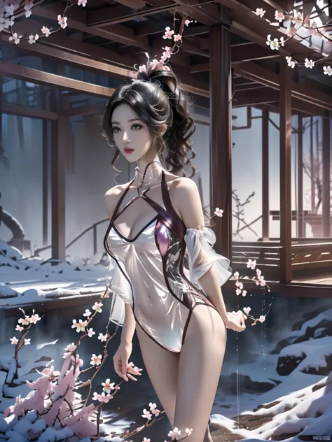 一个有着美丽脸庞的sexy中国华裔女孩, wear a transparent men&#39;s shirt, 内搭sexy蕾丝内衣,
(((night, cherry blossoms in spring, indoor hot spring, sno...