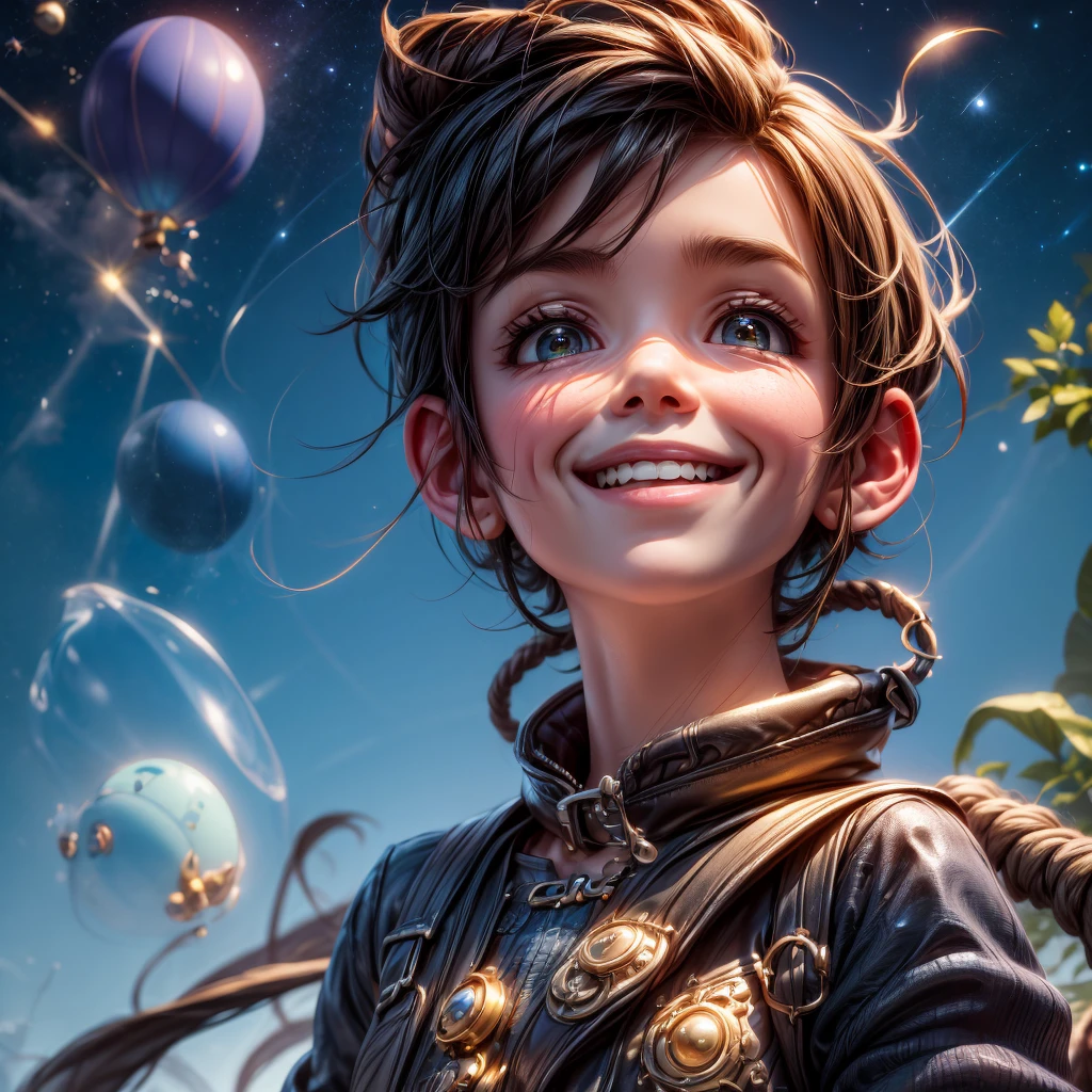 Portrait of a stylistic crescent moon with a smiling facial expression typical of a child's storybook, a rope swing hangs from the crescent shape of the moon and features a young boy in a steampunk style outfit riding on the swing), low color, night, moonlight, 64K, extreme detail, sublime rendering, award winning, incredible eye detail, skin and pore textures, nebula and star-field in background