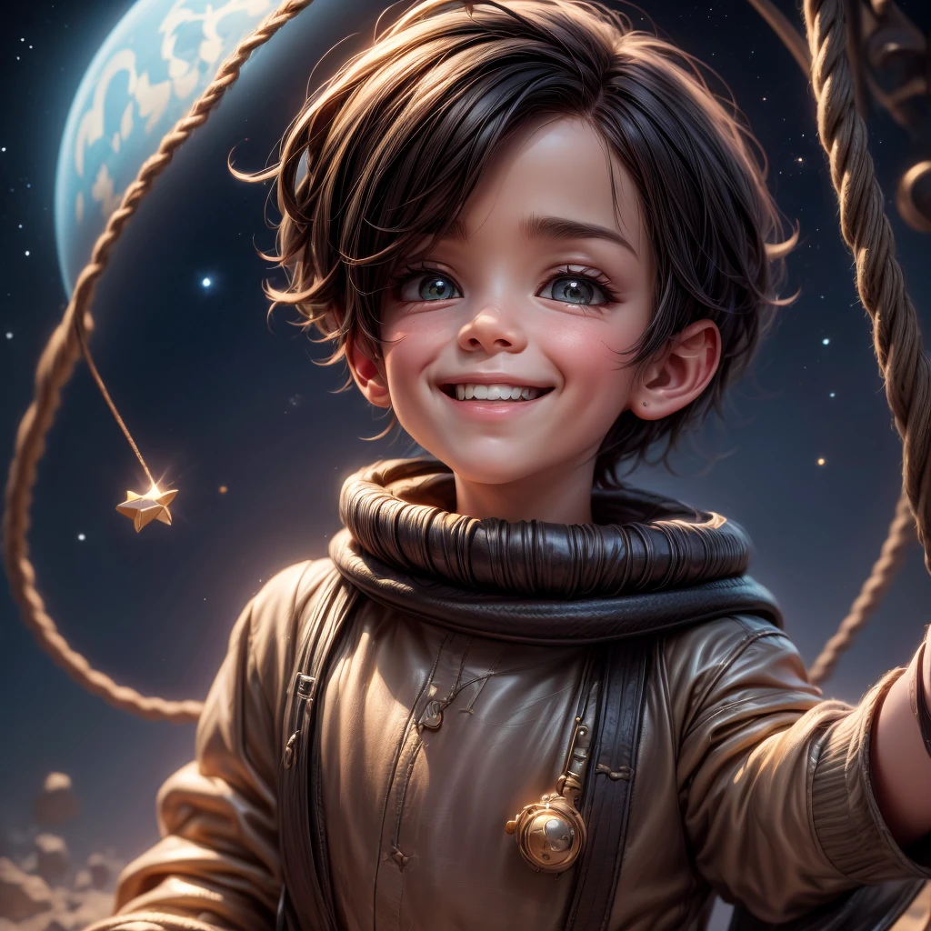 Portrait of a stylistic crescent moon with a smiling facial expression typical of a child's storybook, a rope swing hangs from the crescent shape of the moon and features a young boy in a steampunk style outfit riding on the swing), low color, night, moonlight, 64K, extreme detail, sublime rendering, award winning, incredible eye detail, skin and pore textures, nebula and star-field in background