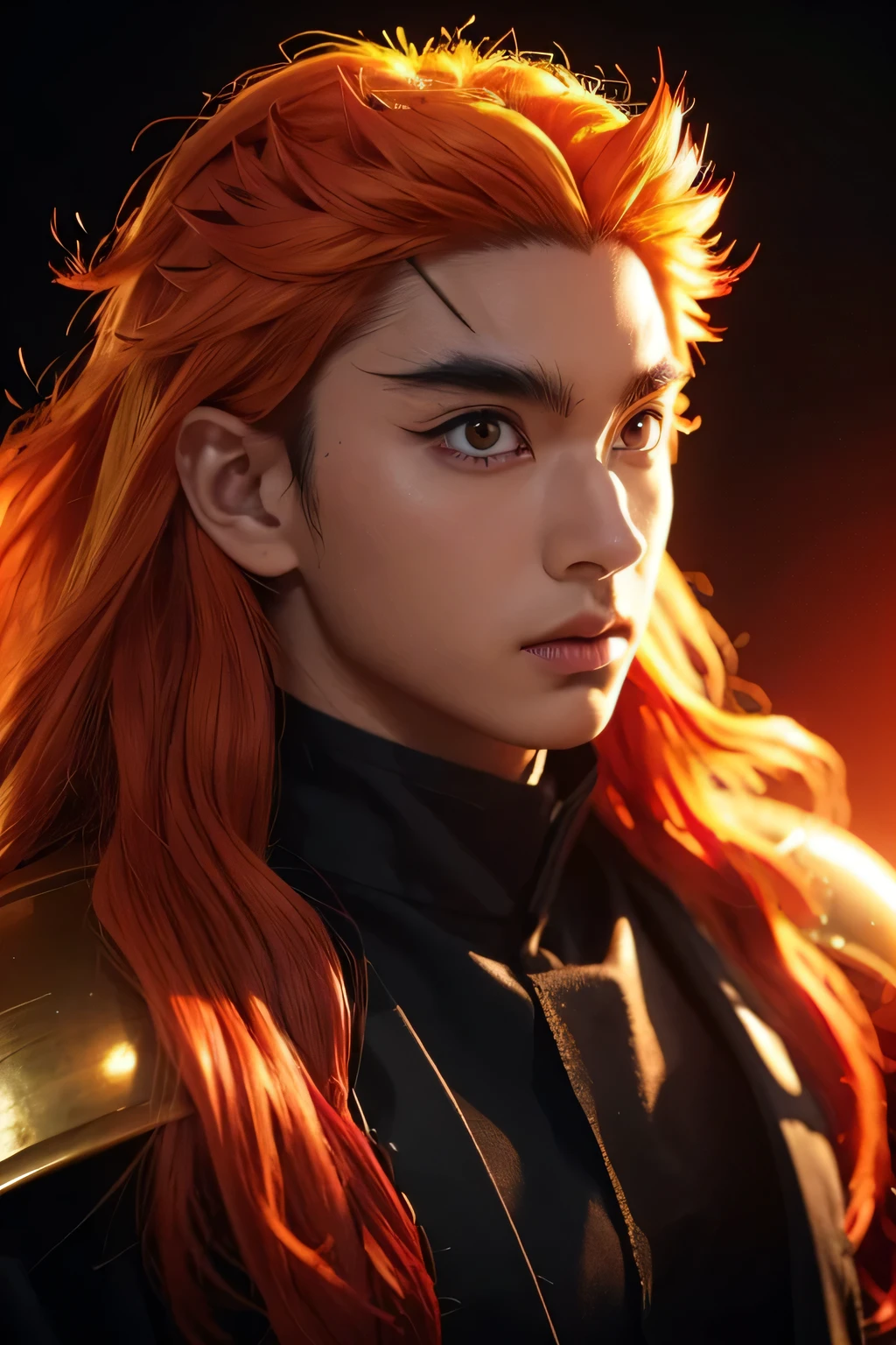 Male, realistic demon slayer anime character rengoku, detailed portrait, beautiful detailed eyes, beautiful detailed lips, extremely detailed face and features, orange red ombre long hair, long eyelashes, confident expression, intricate samurai armor, detailed clothing folds, dynamic pose, glowing effect, dramatic lighting, cinematic composition, (best quality,4k,8k,highres,masterpiece:1.2),ultra-detailed,(realistic,photorealistic,photo-realistic:1.37)