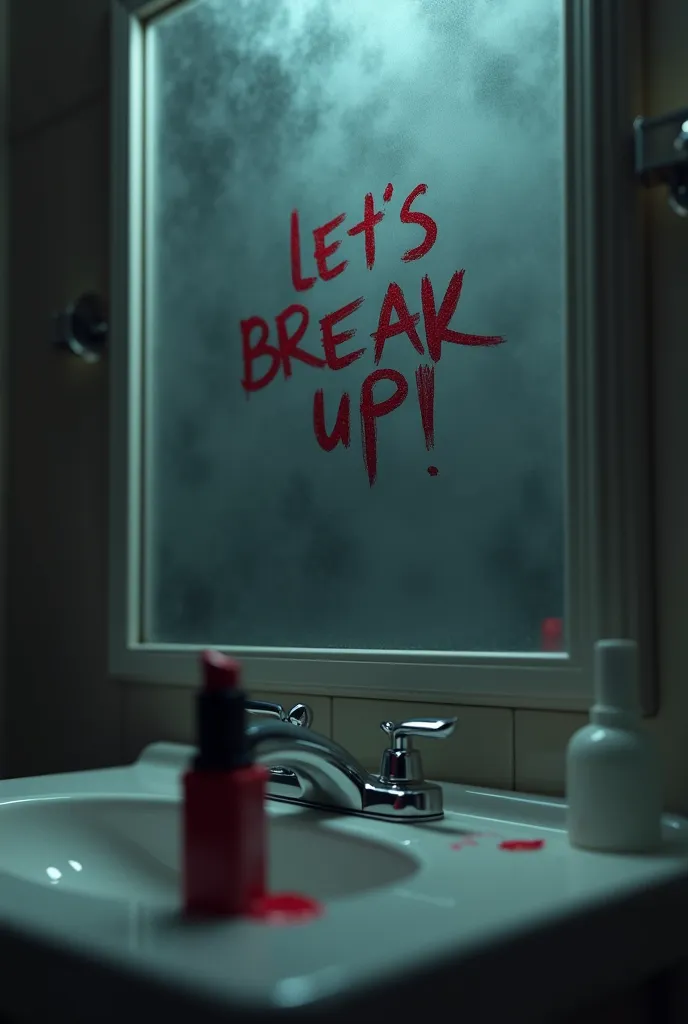 Super realistic, Cinema 4D rendering, There is no person. The words "Let's break up!" has been written in cursive on a wall mirror using red lipstick. The mirror is fogged up with steam. A used red lipstick lies nearby.