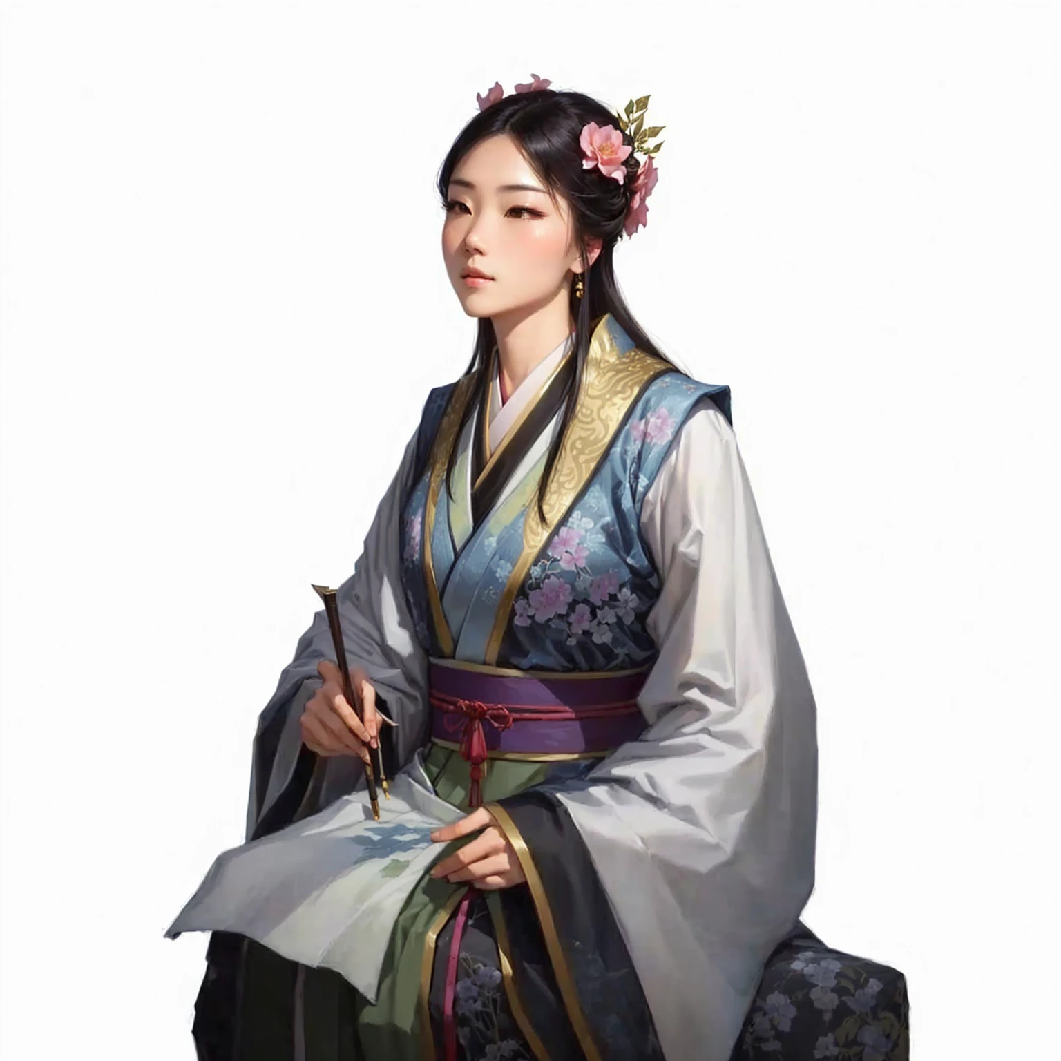 a woman in a kimono sitting on a rock with a flower in her hair, beautiful character painting, Xianxia, full body Xianxia, by Zhou Fang, yun ling, heise-lian yan fang, ancient chinese princess, by Qian Gu, by Li Zai, by Zhou Wenjing, inspired by Wu Zuoren, bian lian brunette&#39;s top has a low neckline, no cleavage, no neckline, 4K picture quality, plump big breasts and cleavage 