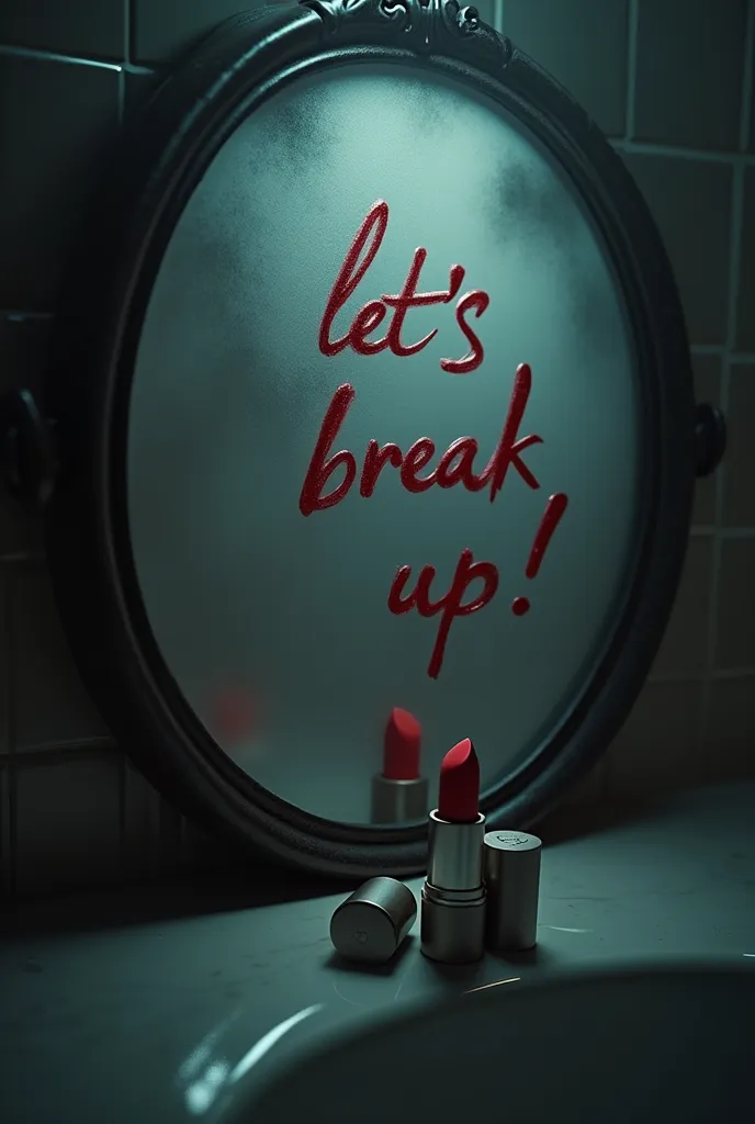 Super realistic, Cinema 4D rendering, There is no person. The words "Let's break up!" has been written in cursive on a wall mirror using red lipstick. The mirror is fogged up with steam. A branded used red lipstick lies nearby.