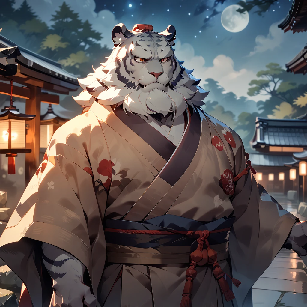 masterpiece, best quality, very aesthetic, absurdres, BREAK [face:full body:10], looking away, from above, onmyoji, plump middle-aged Japanese tiger man, fluffy body, tail, brown eyes, beautiful beard, male face, big face, square jawline, male eyes, sharp eyes, big eyes, male eyebrows, innocent look, BREAK serious, standing arms rised in the air, searching for stars, elegant pose, dynamic pose, BREAK [simple background::12], starry sky, kyoto, Japanese shrine, outdoor,