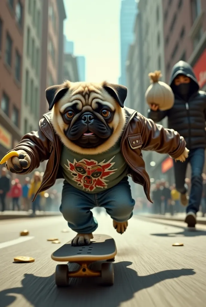 Envision an action-packed scene where a determined pug dog, dressed in blue jeans, a graphic t-shirt, and a leather jacket, is riding a skateboard at full speed, chasing after a masked thief. The pug clutches a banana in one paw as it skillfully maneuvers the skateboard, its eyes locked on the thief ahead. The thief, wearing a black mask and dark clothing, is running frantically through the bustling city streets, holding a large money bag in one hand. The background features tall buildings, alleyways, and pedestrians watching the thrilling chase unfold. The pug's jacket flutters in the wind, and its expression shows fierce determination as it speeds after the thief, ready to catch him.