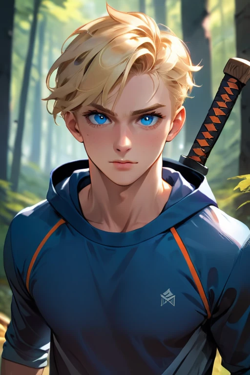 1 young man; age 19; attractive; masculine adult; toned and muscular, athletic build; very short blonde hair; expressive blue eyes with black pupils; square-faced; fair skin; smug; rugged good looks; strong square wide jaw; broad-chin; wearing a blue and orange tracksuit; trending on artstation; masterpiece; complex volumetric lighting; strong shadows; artistic lighting; dynamic; energetic vibe; realistic skin; specular highlights; micro-textures; highly detailed hair; physically active; very masculine; body hair; hiking in a forest; carrying a wooden sword