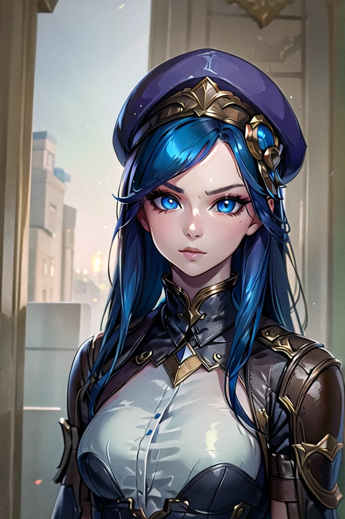 (Best quality details:1.22), 4K high resolution, Very detailed, High quality textures, Intricate details, Detailed texture, in detail, High detail,Caitlin, 1 person, solo, blue hair, Blue eyes, Purple silk hat, Purple dress, brown knee boots, Brown gloves, Detailed face, city background