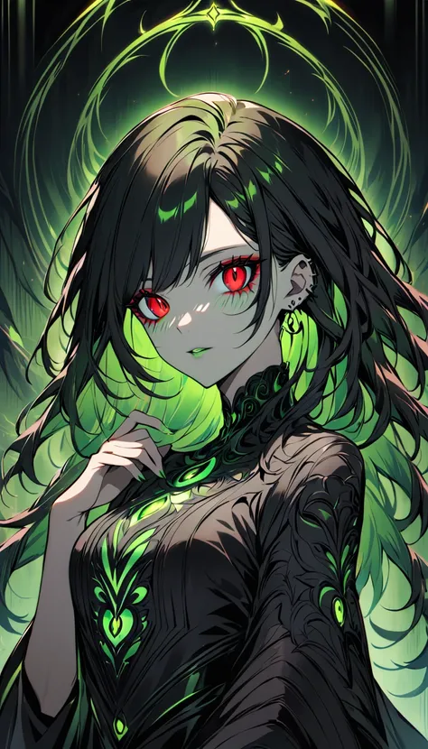 a dark, stylized portrait of a mysterious woman with long black hair and piercing red eyes. she wears a form-fitting black outfi...