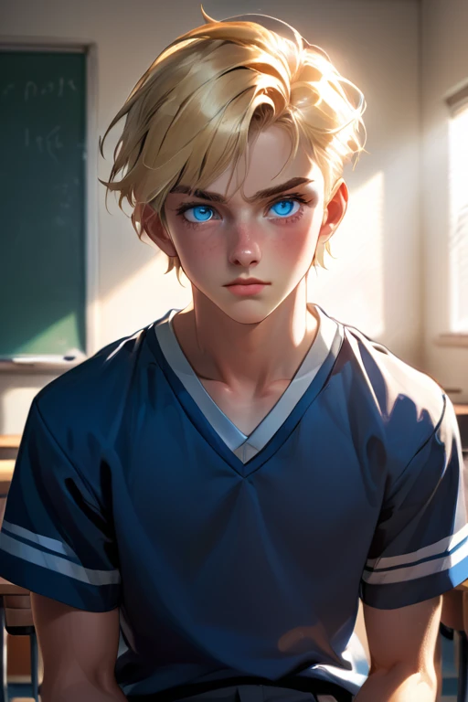 1 young man; age 18; attractive; masculine adult; toned and muscular, athletic build; very short blonde hair; expressive moody blue eyes with black pupils; square-faced; fair skin; smug; rugged good looks; strong square wide jaw; broad-chin; wearing a highschool uniform; trending on artstation; masterpiece; complex volumetric lighting; strong shadows; artistic lighting; dynamic; energetic vibe; realistic skin; specular highlights; micro-textures; highly detailed hair; physically active; very masculine; body hair; sitting in a highschool classroom