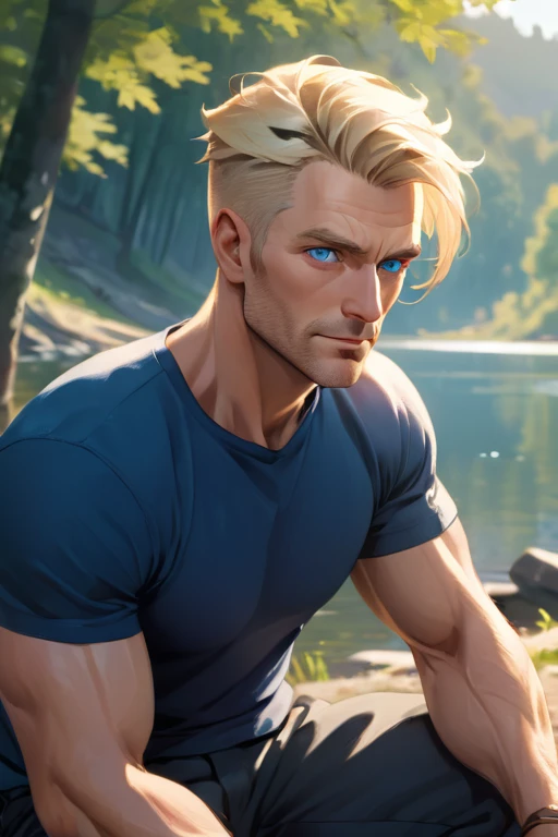 1 mature man; age 50; attractive; masculine adult; toned and muscular, powerful athletic build; very short blonde hair; expressive blue eyes with black pupils; square-faced; fair skin; smug; rugged good looks; strong square wide jaw; broad-chin; five o'clock shadow; wearing casual holidaying clothes; trending on artstation; masterpiece; complex volumetric lighting; strong shadows; artistic lighting; dynamic; energetic vibe; realistic skin; specular highlights; micro-textures; highly detailed hair; physically active; very masculine; body hair; sitting beneath a tree by a lake 