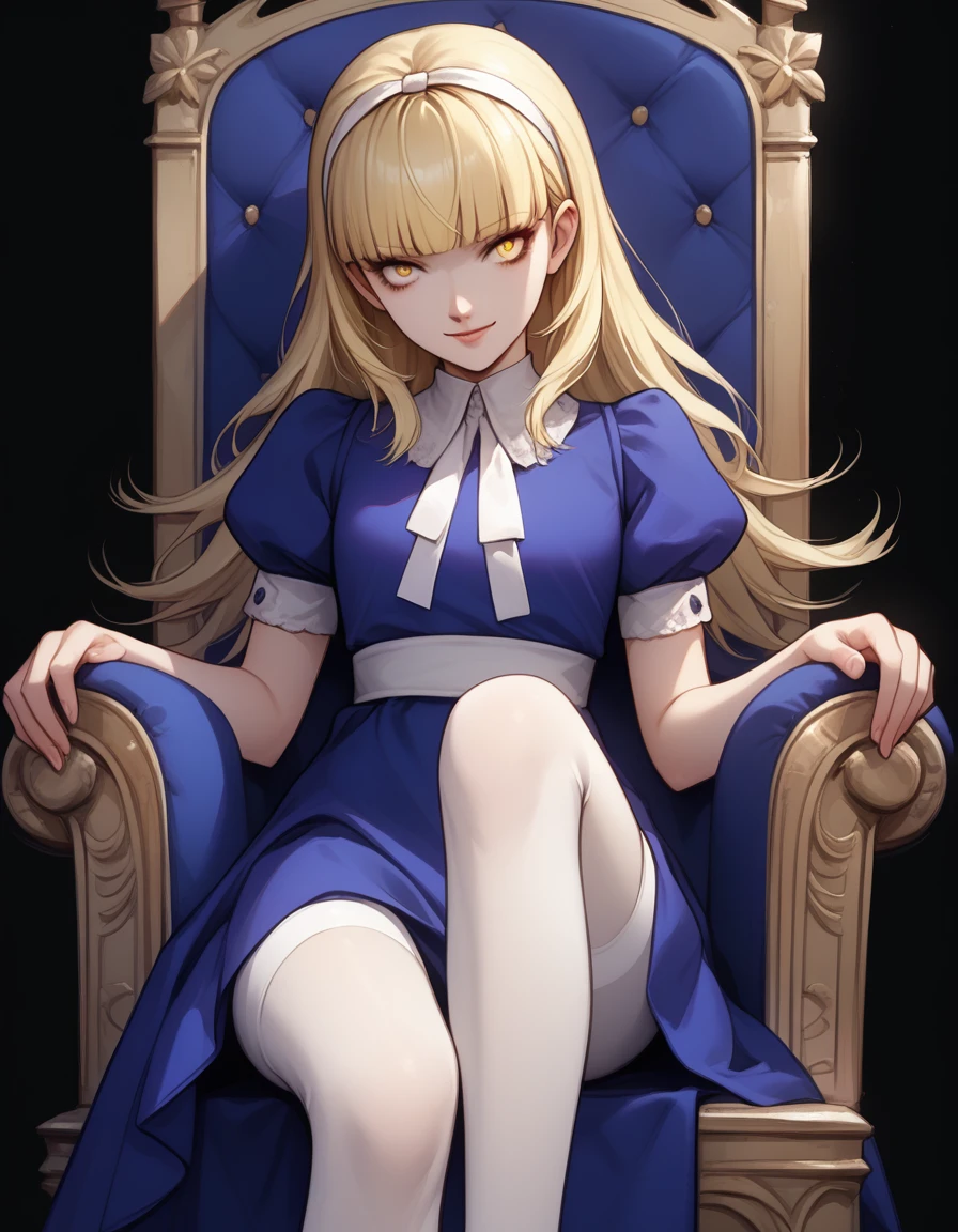 score_9, score_8_up, score_7_up, source_anime BREAK 1girl, solo, alicesmt, dress, long hair, blonde hair, white hairband, blunt bangs, puffy sleeves,dark blue dress, yellow eyes, smile, black background, leaning back, white leggings, close-up of foot, sitting on throne,