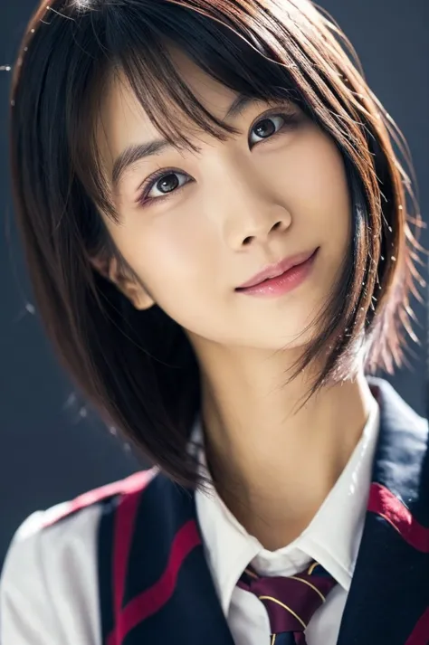 1 girl, (white shirt with red tie, wearing a navy blue jacket:1.2), very beautiful japanese idol portraits, 
(raw photos, highes...