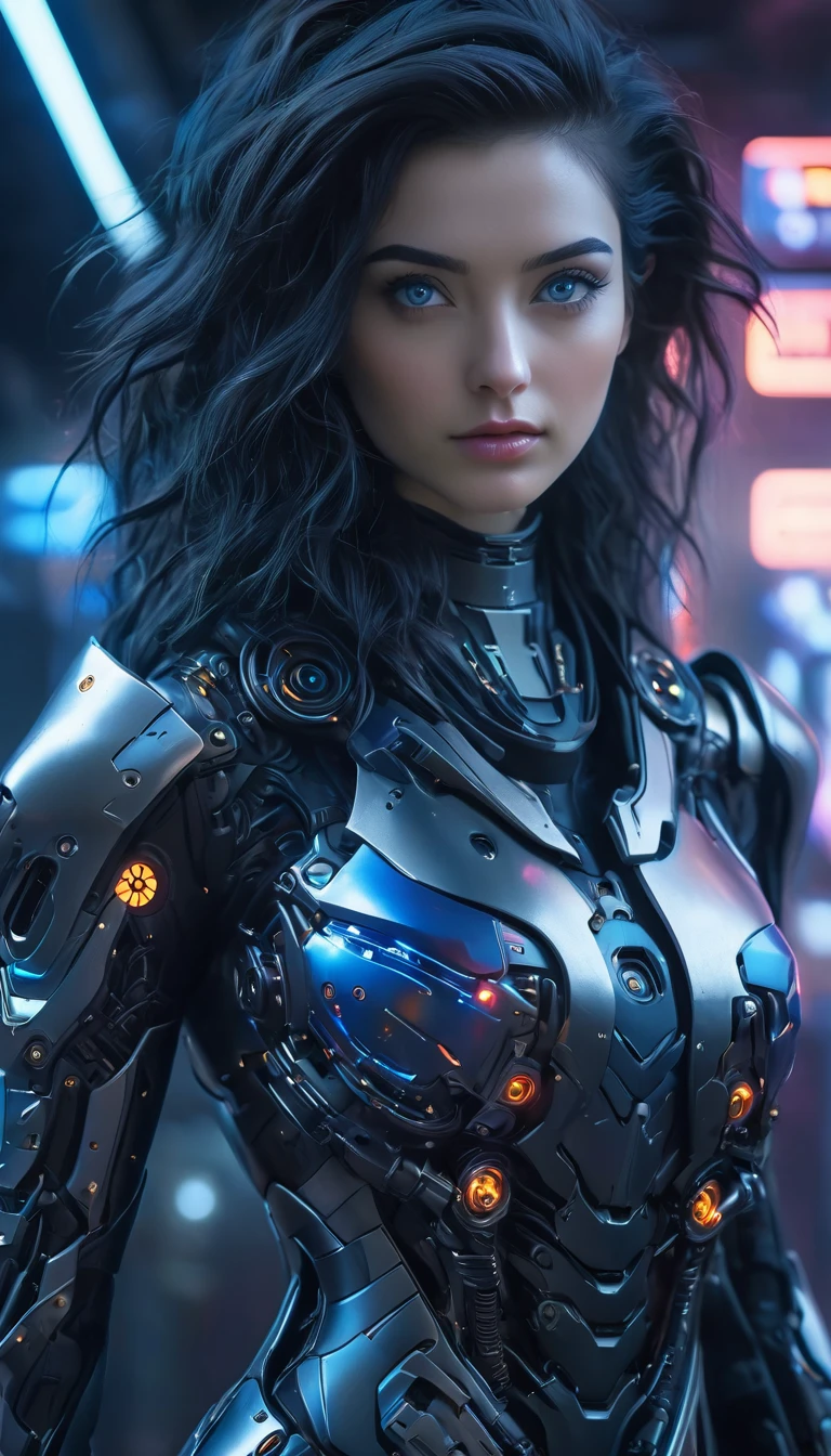 (Best Quality, 4K, 8k, High resolution, masterpiece: 1.2), (Very detailed, Realistic, Realistic:1.37), Futuristic衣装を着た女性, A woman wearing exoskeleton cyber armor, The armor fits snugly、((She has a plasma gun in her hand)), Full body photo, Maximum details, Superior quality through precise drawings, 8k,chest, blue eyes, High resolution, 超High resolution, Best Quality, Shortcuts, Big chest, Cinematic Lighting Effects, Futuristic, 美しいBlack Hairの女性, blue eyes, Cyberpunk style woman, ((Inside a high-tech spaceship)), High-quality images、Black Hair, Shortcuts,