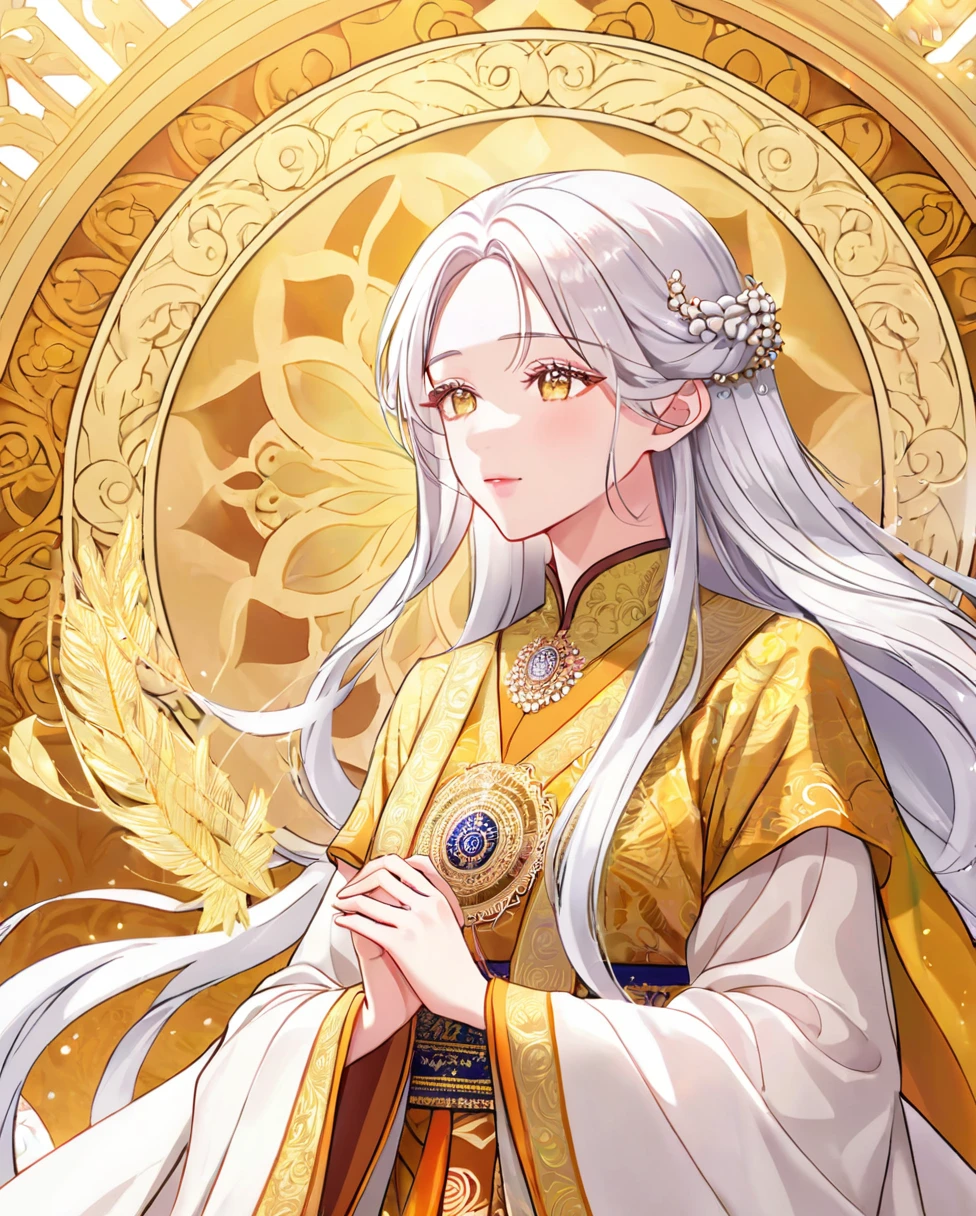 A beautifully detailed ethereal figure with flowing white hair, illuminated against a radiant golden circular backdrop. The character, adorned in ornate golden attire, features intricate designs and textures, reflecting light in a dazzling manner. Their expression is serene, with downcast eyes, suggesting a moment of contemplation. Soft, flowing fabrics drape elegantly, blending seamlessly with the ornate elements surrounding them. The overall composition exudes a mystical and divine aura.
