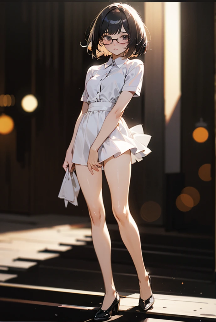 1girl, Solo, Blush, Breasts, dengan baju berantakan setelah melayani napsu, wajah sayu mesum, Short Hair, bob hair, glasses, shirt skirt, white panties, full bodyHigh Resolution, Accurate, Anatomically Correct, Masterpiece, Best Quality, Award Winning, High Details, Framed, Bokeh, 