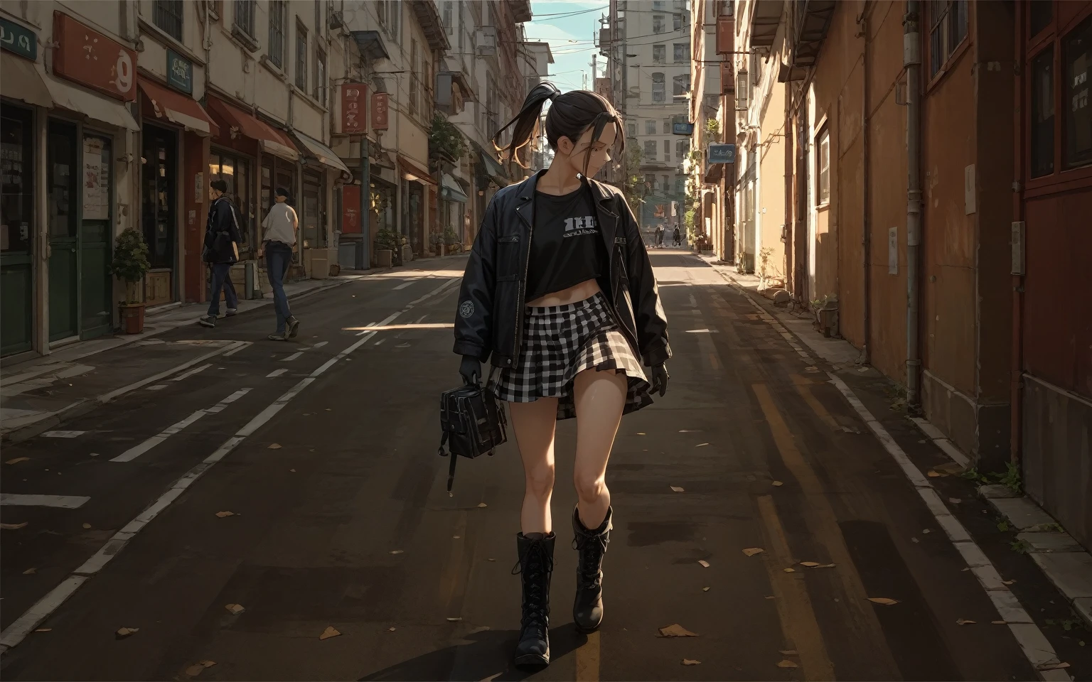 One woman、ponytail、Black jacket、Black bikini top、Black gloves、Checkered Skirt、Black boots、Walking downtown