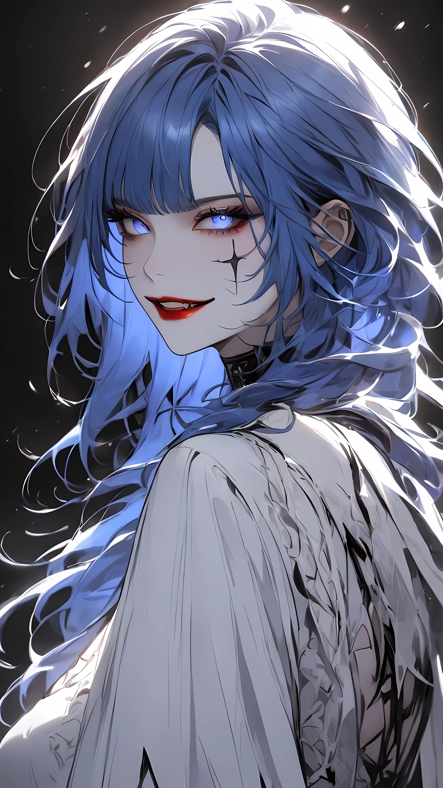 highest quality、masterpiece、1 girl、black background、blue hair:1.5、blue eyes、red lips, white clothes、Black and white world、Black and white world、pale skin、side blade, evil smile 