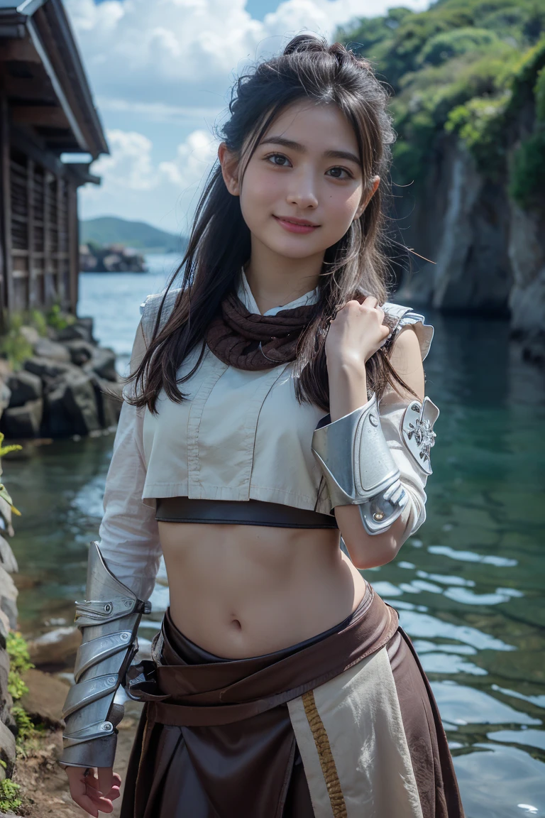 (8k, RAW Photos,Best Quality, High resolution:1.1), (超Real:1.4),(Realistic, Realistic:1.3),The Beauty of Japan、1 person、((smile:1.2))、AloyHorizo​​n、Long Hair、Hair accessories、belly button、arms、Braids、Outdoor、開いたlips、null、noon、abdomen、sword、cloud、water、armor、青null、lips、Look to the side、sea、Look away、Thick eyebrows、肩armor、sheath、rope、Freckles、put your hands in your hair、rock、Real、Dreadlocks