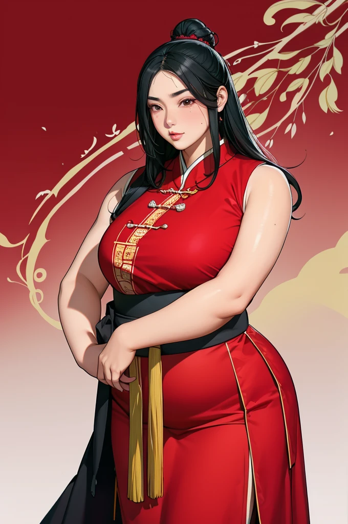 (Crimson top,Sleeveless:1.3)Ancient Chinese Hanfu,(Plump arms),There is a mole on the cheek,Black Hair,Thick hair,Unkempt long black hair, Tall woman,2,(Fair skin:1.3),(Lovely eyes,puppet),plump oval face,Light makeup,standing on the carriage,