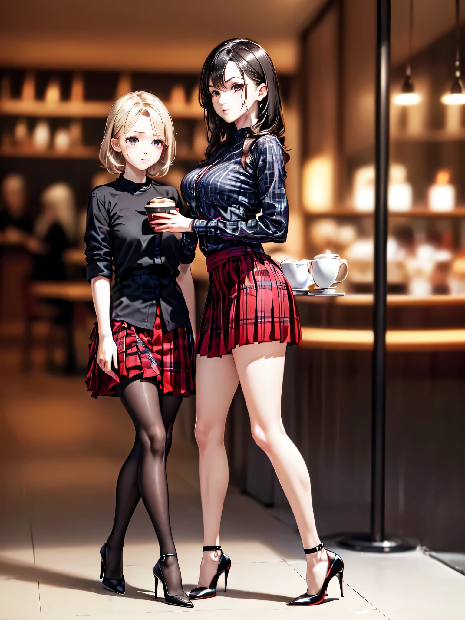 (masterpiece:1.3),(best quality, highest quality),((Full Body Shot,Including face)),(1girl:1.2),4K,masterpiece,((Focus on the face)),((Symmetrical facial features)),Beautiful woman,Slender,Beautiful feet,((Red checked pleated skirt、Black shirt),Black High Heels:1.5),Facial detailing,(Cafe bar entrance:1.5)、Outdoor