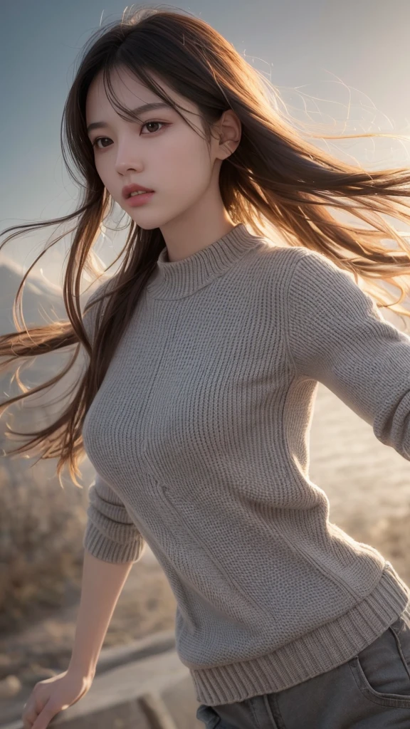 Grey lightweight knit, highest quality, figure, Very detailed, In detail, High resolution, 8k wallpaper, Perfect dynamic composition, Beautiful fine details, Women&#39;s Fashion Summer,ponytail,Small Breasts Natural Color Lip, Bold sexy pose,smile,Harajuku、20-year-old girl、cute、sexy shot looking at camera