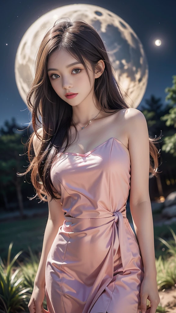 ulzzang-6500-v1.1, (RAW photo: 1.2), (Real photo), (Real photo: 1.4), 1 girl、Perfect anatomy、1、Looking at the camera、Medium length hair、elegant evening dress, on the pine hill at night, with stars and moon, ((on the pine hill at night: 1.1))、(Business service)、Asian eyes Ella,