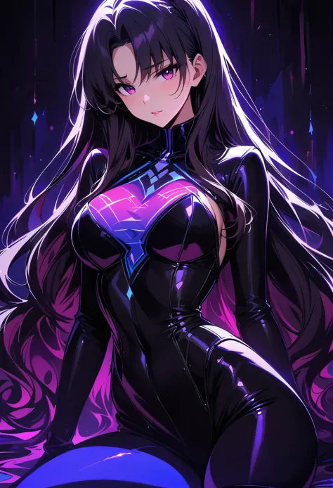 rin tohsaka，(masterpiece, best quality:1.2), black light art，1 girl, solitary，tights，chest，，tights，busty