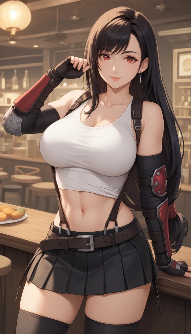 Izayoi Seishin artstyle, (score_9, score_8_up, score_7_up), (best quality, masterpiece),perfect anatomy,(aesthetic,very aesthetic),official style, (ultra-high resolution), 1girl, tifa lockhart, final fantasy,(beautiful woman).tareme, black hair, low-tied long hair, red eyes, bangs, white tank top,gap, belt, pleated skirt, thighhighs, elbow fingerless gloves, elbow pads, midriff, navel,suspender skirt.zettai ryouiki ,(front view),straight-on,(large_breasts:1.2),Solo,mediumshot,looking_at_viewer,contrapposto, vibrant, joyful,cafe and bar, ,Framin,(,tanktop lift),