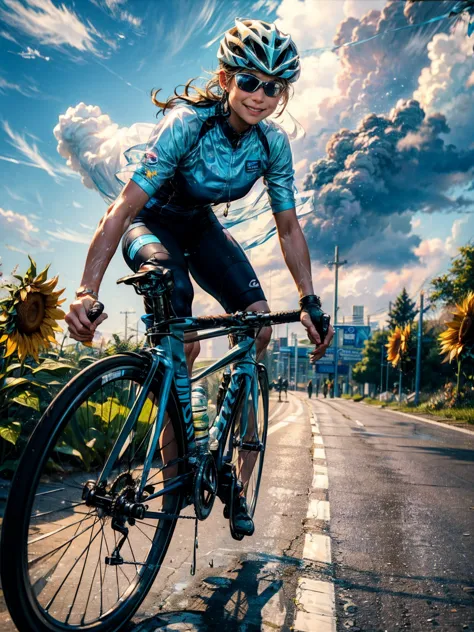 highest quality、super fine、8k quality、one woman、rear view、riding a bike with drop handlebars、translucent sports sunglasses、the b...