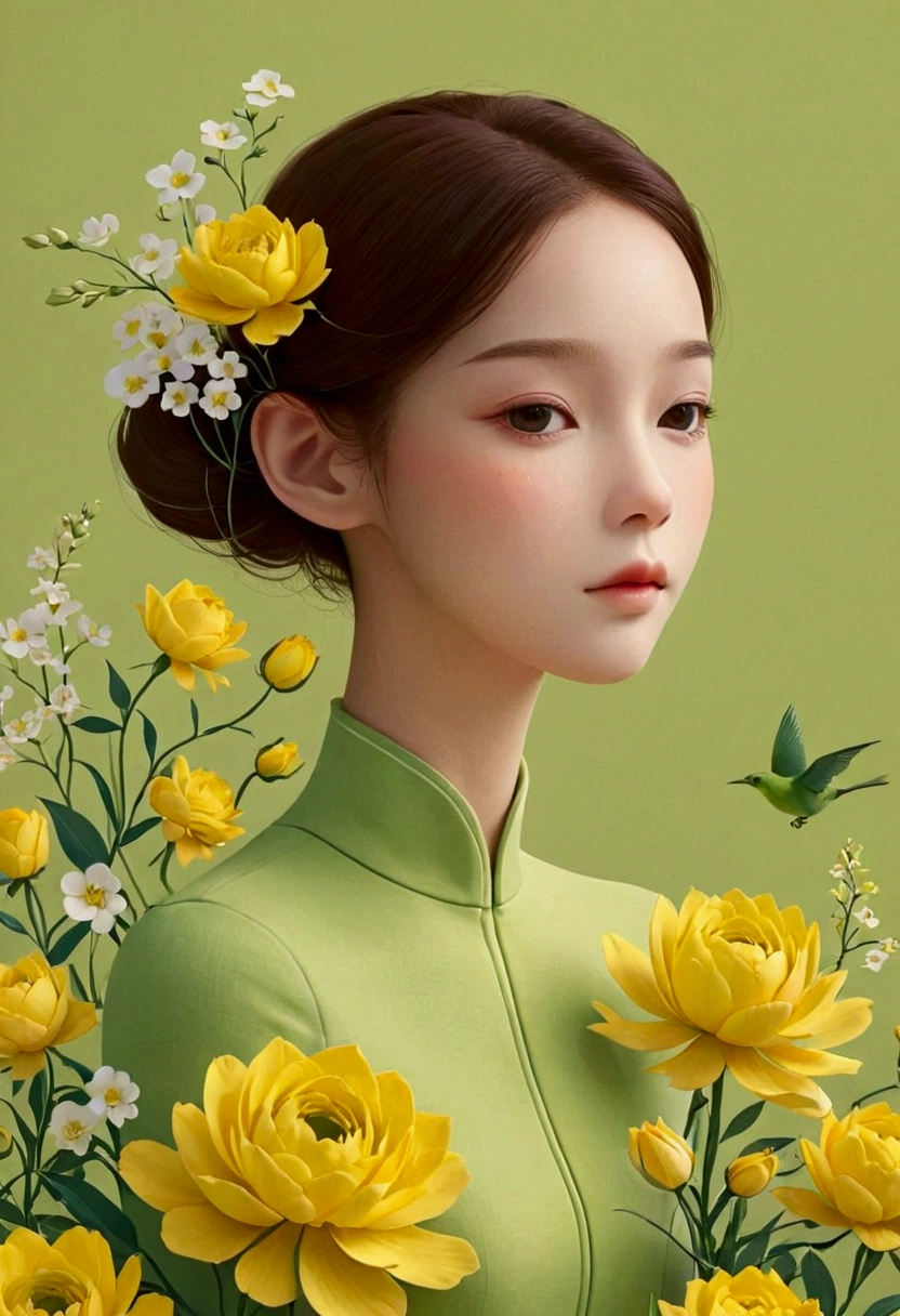 Victor Nai&#39;s style, Beautiful details，simple，modern，advanced，cute，Color blocking，flowers，Yellow，light green，grid，line，illustration，vigor，pixar，